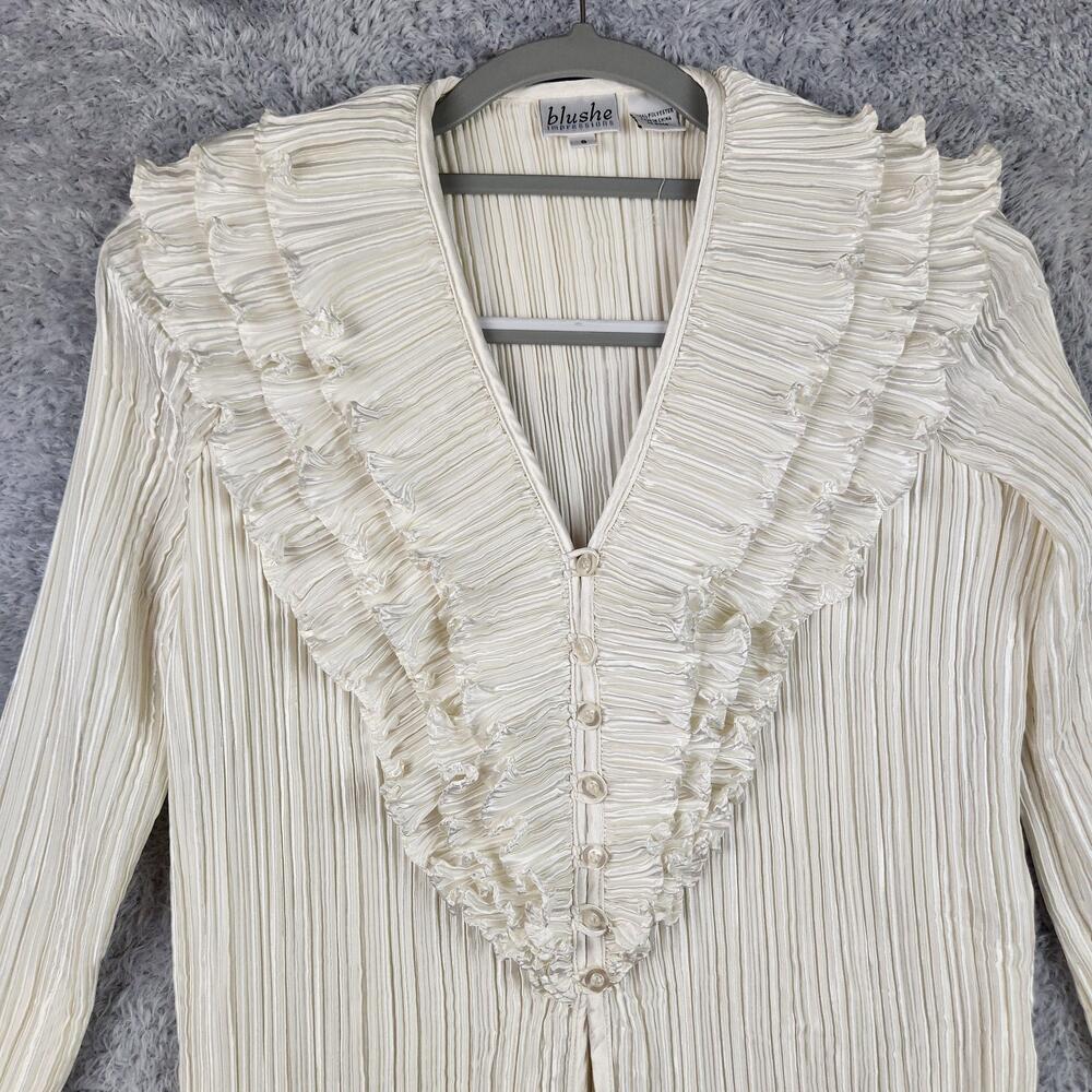 Vintage Blushe Impressions Blouse Womens 8 White Ruffle Pleated Satin Party Top